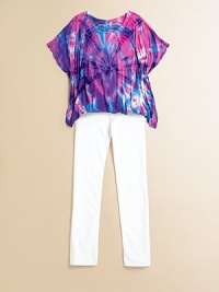She'll look hippie chic in this updated knit with a vibrant tie dyed design and cape-like silhouette.CrewneckShort cape-style sleevesViscoseHand washImported She'll look hippie chic in this updated knit with a vibrant tie dyed design and cape-like silhouette.CrewneckShort cape-style sleevesViscoseHand washImported