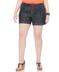 Pair your this season's latest tanks and tees with American Rag's plus size denim shorts, featuring a belted waist. Pair your this season's latest tanks and tees with American Rag's plus size denim shorts, featuring a belted waist.