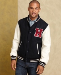School is in session. Study up on fashion with this varsity-inspired letterman jacket from Tommy Hilfiger. School is in session. Study up on fashion with this varsity-inspired letterman jacket from Tommy Hilfiger.