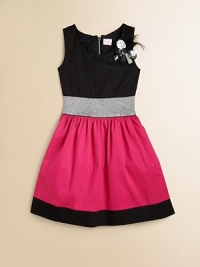 Tailored in airy cotton sateen, this girly colorblocked frock is beautifully complemented by a jewel and feather embellishment, metallic waistband and full skirt.BoatneckSleevelessExposed back zipperMetallic elastic waistbandFully lined97% cotton/3% spandexHand washMade in the USA Tailored in airy cotton sateen, this girly colorblocked frock is beautifully complemented by a jewel and feather embellishment, metallic waistband and full skirt.BoatneckSleevelessExposed back zipperMetallic elastic waistbandFully lined97% cotton/3% spandexHand washMade in the USA