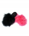 Slip into something fit for a femme fatal with these fluffy feather slippers from Betsey Johnson. Toes will keep cozy and effortlessly on-trend. Choose from pretty pink or bold black.