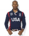 Bask in the glory of the USA's 2012 Olympic Games success with a soft cotton rugby shirt featuring multiple patriotic USA-themed logos and patches.