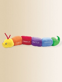 Each section of this soft velour worm is embroidered with the sound featured inside: Tinkle has a bell, Crinkle has crinkly fiber, Rattle has a rattle and Squeak has a squeaker. Polyester cover and fill Surface washable 73 long Imported Each section of this soft velour worm is embroidered with the sound featured inside: Tinkle has a bell, Crinkle has crinkly fiber, Rattle has a rattle and Squeak has a squeaker. Polyester cover and fill Surface washable 73 long Imported