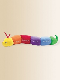 Each section of this soft velour worm is embroidered with the sound featured inside: Tinkle has a bell, Crinkle has crinkly fiber, Rattle has a rattle and Squeak has a squeaker. Polyester cover and fill Surface washable 73 long Imported