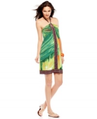 Inspired by the bold style of Brasil, this leaf-printed Calvin Klein halter dress is perfect for a sultry summer soiree!