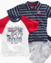 He's safe! Start prepping him early for his premier on the mound with this sporty t-shirt, polo shirt and short set from Nannette. He's safe! Start prepping him early for his premier on the mound with this sporty t-shirt, polo shirt and short set from Nannette.