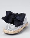 From Stuart Weitzman, a lovely little flat in striped denim and espadrille, perfect for weekends on the shore or a summer stroll through the park.