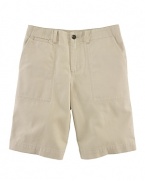 The flat-front Bleeker short is crafted from ultra-soft woven cotton in preppy hues