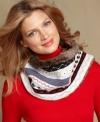 Tommy Hilfiger's infinity scarf adds a cheerful touch to any sweater or jacket, thanks to bright Fair Isle knit and faux fur trim.