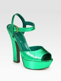 Glazed watersnake silhouette features an adjustable ankle strap, artfully sculpted heel and a covered platform. Self-covered heel, 5½ (140mm)Covered platform, 1½ (40mm)Compares to a 4 heel (100mm)Laminated watersnake upperLeather lining and solePadded insoleMade in ItalyOUR FIT MODEL RECOMMENDS ordering one half size up as this style runs small. Glazed watersnake silhouette features an adjustable ankle strap, artfully sculpted heel and a covered platform. Self-covered heel, 5½ (140mm)Covered platform, 1½ (40mm)Compares to a 4 heel (100mm)Laminated watersnake upperLeather lining and solePadded insoleMade in ItalyOUR FIT MODEL RECOMMENDS ordering one half size up as this style runs small.