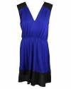 Aqua Womens Blue Colorblock Contrast Black Trim Insert V Neck Dress L