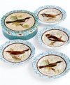 Naturalist prints tell the story of four feathered friends on British Birds dessert plates. Vintage styling and watercolor trim add to the porcelain's antique sensibility. With a coordinating box to treat outdoorsy entertainers. (Clearance)