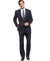 From the interview to the sales call to the corner office, this sleek navy suit makes a smart start to any modern guy's fast-paced career.