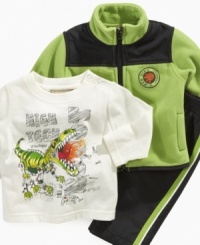 Conjure up the lost world for him in this fun dinosaur shirt, jacket and pant set from Kids Headquarters. Conjure up the lost world for him in this fun dinosaur shirt, jacket and pant set from Kids Headquarters.