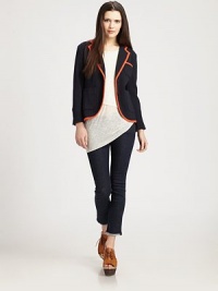 Soft wool knit takes on a tailored silhouette in this fitted double-button design with contrast piping.Notch collarDouble button closureFront patch pocketsAbout 24 from shoulder to hemMerino woolDry cleanImportedModel shown is 5'9 (175cm) wearing US size Small. Soft wool knit takes on a tailored silhouette in this fitted double-button design with contrast piping.Notch collarDouble button closureFront patch pocketsAbout 24 from shoulder to hemMerino woolDry cleanImportedModel shown is 5'9 (175cm) wearing US size Small.