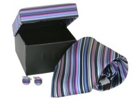 Black, Blue, Taupe, Fuchsia, and Beige Striped Silk Necktie & Cufflinks by Cuff-Daddy