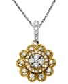 A diamond pendant that boasts a unique vintage-inspired design. You will cherish this 14k two tone necklace with multitudes of glistening round-cut diamonds (1/3 ct. t.w.). Approximate length: 18 inches. Approximate drop: 3/4 inch.