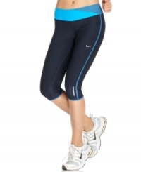 Sleek and stretchy, these Nike capris are designed for easy movement in a moisture-wicking fabric with Dri-FIT technology. Chic color-blocking and bright piping keeps you looking stylish even during the toughest workout. Sleek and stretchy, these Nike capris are designed for easy movement in a moisture-wicking fabric with Dri-FIT technology. Chic color-blocking and bright piping keeps you looking stylish even during the toughest workout.
