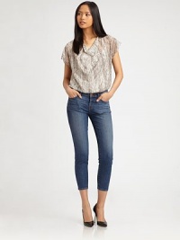Skinny-fit stretch denim, sanded and whiskered in an ankle-baring cropped style.THE FITSkinny fitRise, about 8Inseam, about 29THE DETAILSZip flyFive-pocket style92% cotton/7% polyester/1% spandexDry cleanMade in USAModel shown is 5'11 (180cm) wearing US size 4. Skinny-fit stretch denim, sanded and whiskered in an ankle-baring cropped style.THE FITSkinny fitRise, about 8Inseam, about 29THE DETAILSZip flyFive-pocket style92% cotton/7% polyester/1% spandexDry cleanMade in USAModel shown is 5'11 (180cm) wearing US size 4.