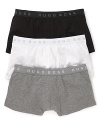 BOSS Black brings you a three-pack of essential cotton boxers, complete with a logo waistband.
