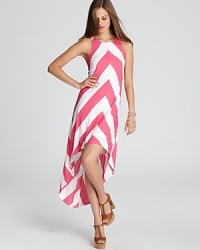 Vibrant chevron stripes lend a graphic punch to this Ella Moss dress, finished with a dramatic high/low hem. Vibrant chevron stripes lend a graphic punch to this Ella Moss dress, finished with a dramatic high/low hem.