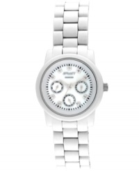 White hot...and green to boot. Sprout's eco-friendly watch looks good and does good at the same time. White corn resin bracelet and round case with mineral crystal lens. White mother-of-pearl dial features nine diamond accent markers, three subdials, silvertone hour and minute hands, sweeping second hand and logo. Quartz movement. Limited lifetime warranty. White hot...and green to boot. Sprout's eco-friendly watch looks good and does good at the same time. White corn resin bracelet and round case with mineral crystal lens. White mother-of-pearl dial features nine diamond accent markers, three subdials, silvertone hour and minute hands, sweeping second hand and logo. Quartz movement. Limited lifetime warranty.