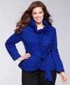 A ruffled collar and ruched placket and hem make this INC plus size jacket irresistibly feminine.