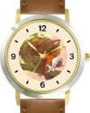 The Little Bird - from Mother Goose by Artist: Sylvia Long - WATCHBUDDY® DELUXE TWO-TONE THEME WATCH - Arabic Numbers - Brown Leather Strap-Size-Women's Size-Small