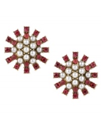 A pretty sunburst of color from Betsey Johnson. These stud earrings are pure stunners with clusters of glass pearls at the center, surrounded by fuchsia-colored crystal accents. Crafted in antiqued gold tone mixed metal. Approximate drop 3/4 inch. A pretty sunburst of color from Betsey Johnson. These stud earrings are pure stunners with clusters of glass pearls at the center, surrounded by fuchsia-colored crystal accents. Crafted in antiqued gold tone mixed metal. Approximate drop 3/4 inch.