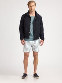 Modern-fit summer short exudes an authentic seaside style with blue and white nautical stripes, adding character and definition to a casual summer favorite.Flat-front styleSide slash, back flap pocketsInseam, about 6CottonMachine washImported Modern-fit summer short exudes an authentic seaside style with blue and white nautical stripes, adding character and definition to a casual summer favorite.Flat-front styleSide slash, back flap pocketsInseam, about 6CottonMachine washImported