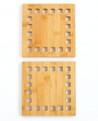 Every inch of your table is covered in great taste! Practical, simple and stunning, these bamboo trivets set the standard when you dine. The geometric border detailing accentuates the natural coloring of these eco-friendly accents. Lifetime warranty. Every inch of your table is covered in great taste! Practical, simple and stunning, these bamboo trivets set the standard when you dine. The geometric border detailing accentuates the natural coloring of these eco-friendly accents. Lifetime warranty.