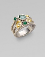 From the Prism Collection. A sparkling cluster of green quartz, chalcedony, and canary crystal on a triple band of textural sterling silver.Green quartz, green chalcedony, and canary crystal Sterling silver Width, about ½ Imported