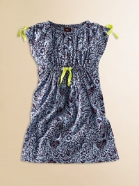 Sun-printed with a flurry of sea flowers, this cheery frock with neon ties is ready for fun in the sun.Round necklineShort sleevesPullover styleGathered waist with neon tiesCottonMachine washImported Sun-printed with a flurry of sea flowers, this cheery frock with neon ties is ready for fun in the sun.Round necklineShort sleevesPullover styleGathered waist with neon tiesCottonMachine washImported