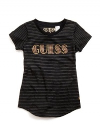 GUESS Kids Girls Big Girl Lurex Stripe Logo Tee, BLACK (10/12)