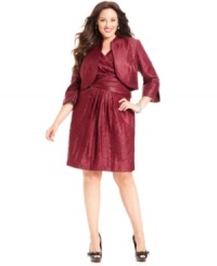 A shimmering, crinkled texture is captivating on Jessica Howard's latest plus size dress and jacket ensemble. Brooch-like beading on the waist adds another element of sparkle. (Clearance) A shimmering, crinkled texture is captivating on Jessica Howard's latest plus size dress and jacket ensemble. Brooch-like beading on the waist adds another element of sparkle. (Clearance)