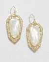 From the Miss Havisham Collection. Luminous shield-shaped doublets of mother-of-pearl and white quartz have sparkling golden frames set with Swarovski crystals for light-catching radiance.Mother-of-pearl and white quartzCrystalGoldtoneLength, about 2Width, about .75Ear wireMade in USA