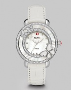 This limited edition timepiece boasts a diamond bezel with mother-of-pearl details on a sleek stainless steel link bracelet. Swiss quartz movementWater resistant to 5 ATMRound stainless steel case, 38mm (1.5)Diamond accented mother-of-pearl bezel, .63 tcwMother-of-pearl dialDot hour markersSecond hand Alligator strap, 16mm wide (0.6)Imported