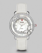 This limited edition timepiece boasts a diamond bezel with mother-of-pearl details on a sleek stainless steel link bracelet. Swiss quartz movementWater resistant to 5 ATMRound stainless steel case, 38mm (1.5)Diamond accented mother-of-pearl bezel, .63 tcwMother-of-pearl dialDot hour markersSecond hand Alligator strap, 16mm wide (0.6)Imported