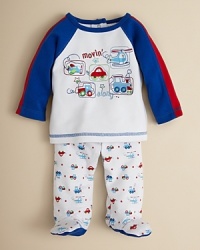 Graphic and colorful, this Absorba two piece footie set features a transportation-themed top with coordinating printed pants. Graphic and colorful, this Absorba two piece footie set features a transportation-themed top with coordinating printed pants.