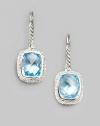 From the Noblesse Collection. A squared drop of faceted blue topaz, framed by sparkling diamonds, hangs from a cable of sterling silver. Diamonds, 0.42 tcw Blue topaz Sterling silver Drop, about ½ Ear wire Imported