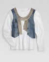 An essential long-sleeved tee is rendered in soft, washed cotton with vest, sunglasses and GG scarf print.Ribbed crewneckShort sleevesPullover styleCottonMachine washImported