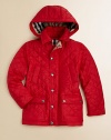 This beloved Burberry style gets some added details for extra warmth, including a cozy hood and a zip-up front.Detachable hoodFront zipper under snap placketWelt chest pocketsFront snap flap patch pocketsCheck liningNylonMachine washImported Please note: Number of snaps may vary depending on size ordered. 