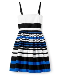 An updated classic in stripes, Aqua's empire waist dress steps to the head of the class with clean, square neckline and pleated skirt. An updated classic in stripes, Aqua's empire waist dress steps to the head of the class with clean, square neckline and pleated skirt.