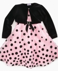 Adorable versatile shrug complements this dainty pink dot dress with jeweled sash by Blueberi Boulevard. Adorable versatile shrug complements this dainty pink dot dress with jeweled sash by Blueberi Boulevard.