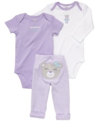 Dressing her for the day will be easy and fun with this 3-piece bodysuits and pant set from Carter's. Dressing her for the day will be easy and fun with this 3-piece bodysuits and pant set from Carter's.