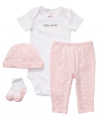 Sibling love. Show off her rank in the family with this darling 4-piece bodysuit, pant, hat and sock set from Carter's. Sibling love. Show off her rank in the family with this darling 4-piece bodysuit, pant, hat and sock set from Carter's.