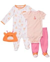 Even if it's a zoo where she's at, she'll be comfy and calm in this 4-piece bodysuit, pant, coverall and hat set from Carter's. Even if it's a zoo where she's at, she'll be comfy and calm in this 4-piece bodysuit, pant, coverall and hat set from Carter's.