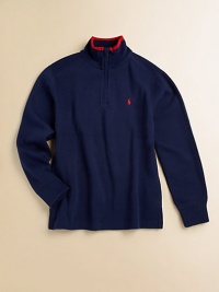 A sporty mockneck pullover is rendered in French-rib cotton for an ultra-soft hand and cozy feel.MockneckLong sleevesHalf zip-frontEven-vented hemCottonMachine washImported A sporty mockneck pullover is rendered in French-rib cotton for an ultra-soft hand and cozy feel.MockneckLong sleevesHalf zip-frontEven-vented hemCottonMachine washImported