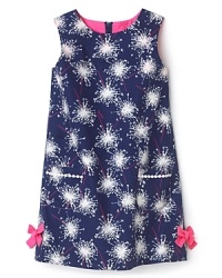 Lilly Pulitzer's signature shift is adorned with a gorgeous glow-in-the-dark firework display and bow accents at the hem. Lilly Pulitzer's signature shift is adorned with a gorgeous glow-in-the-dark firework display and bow accents at the hem.