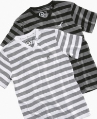 Where does a smart giraffe head for back to school? Across the chest of this V-neck, striped T-Shirt from LRG. Where does a smart giraffe head for back to school? Across the chest of this V-neck, striped T-Shirt from LRG.